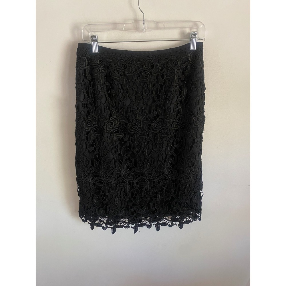Allen by ABS Black Silk Blend Floral‎ Guipure Lace Pencil Skirt Size 8 Scalloped